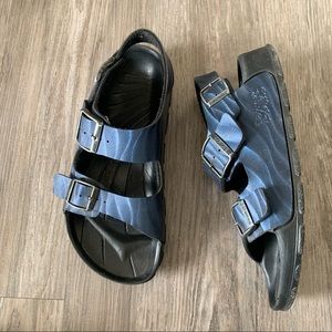 Birkenstock Birki's Blue Metallic Wave Pattern Sandals Size 38